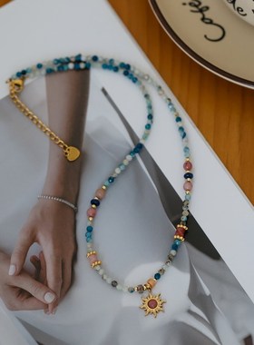 法式复古红纹石太阳吊坠天然石串珠项链气质高级感设计小众颈链女