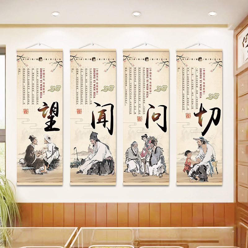 中医馆装饰画诊所经络理疗养生店文化挂画背景墙壁画四联挂图海报