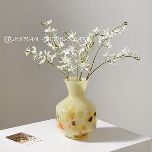 中古风玻璃花瓶创意奶玉色水养插花鲜花客厅装饰艺术摆件琉璃花器