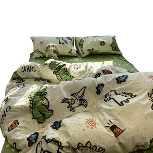 趣味涂鸦小恐龙床上四件套全棉15m18公寓被套床单宿舍男生