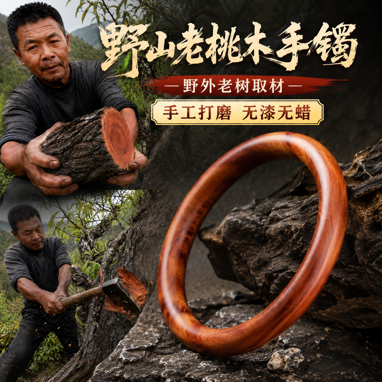 老桃木圆条镯无漆无蜡