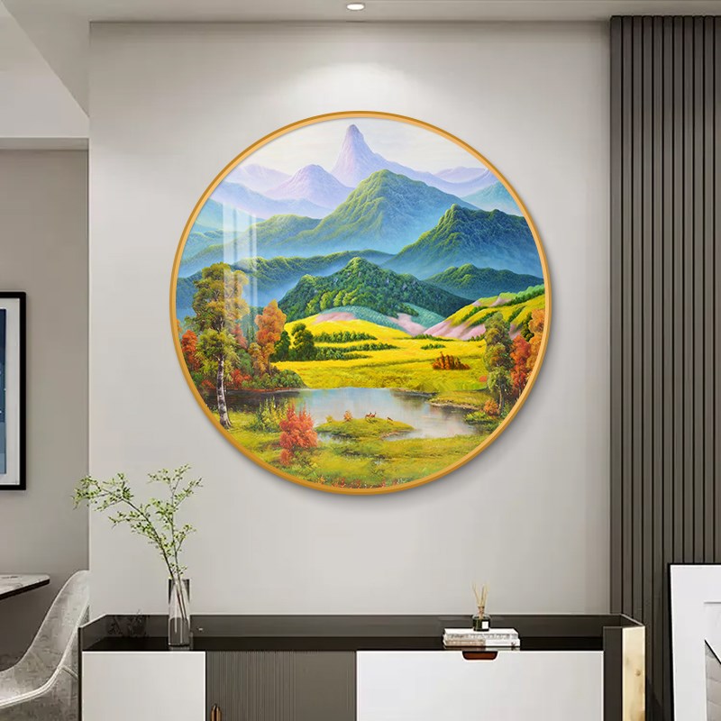 聚宝盆山水画新中式玄关装饰画餐厅走廊过道墙画风景圆形带灯油画图片