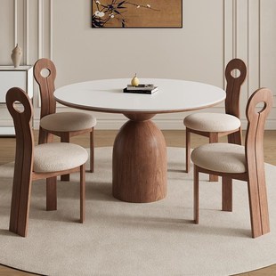 中古风全托小户型圆饭桌子 德利丰实木岩板餐桌圆形家用带转盘法式