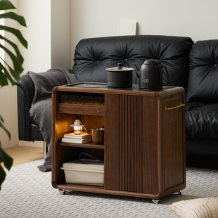 移动茶水柜黑胡桃实木茶边柜台小型家用烧水壶一体边几靠墙 新中式