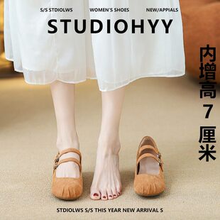 女粗跟软底浅口奶奶单鞋 禾央央7cm踩屎感 小个子内增高玛丽珍鞋