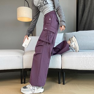 紫色秋冬加长工装裤女高个子w加绒新款美式窄版直筒户外休闲运动