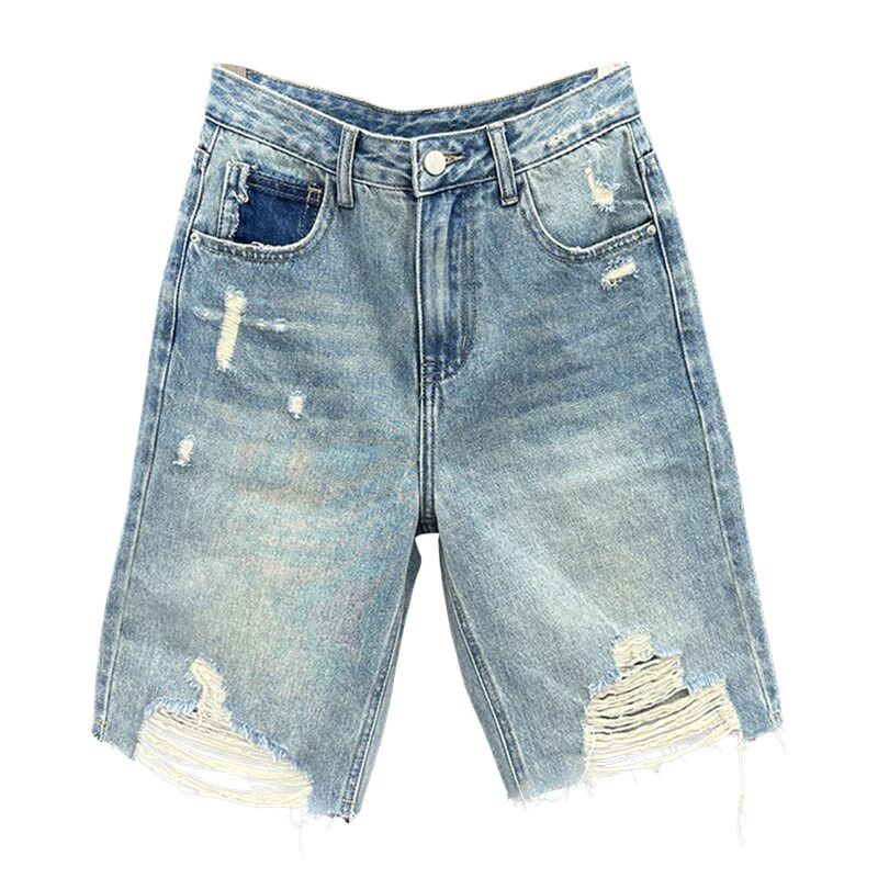 2025夏季新款宽松显瘦破洞牛仔直筒裤女个性韩时U尚休闲五分中裤