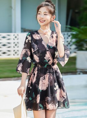 【锦簇繁花】泳衣女款泡温t泉三件套显瘦遮肉黑色保守罩衫妈妈泳