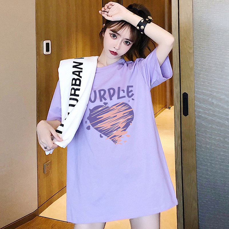 紫色t恤女大码胖mm200斤宽松y2024春夏季闺蜜装爱心设计感半袖体