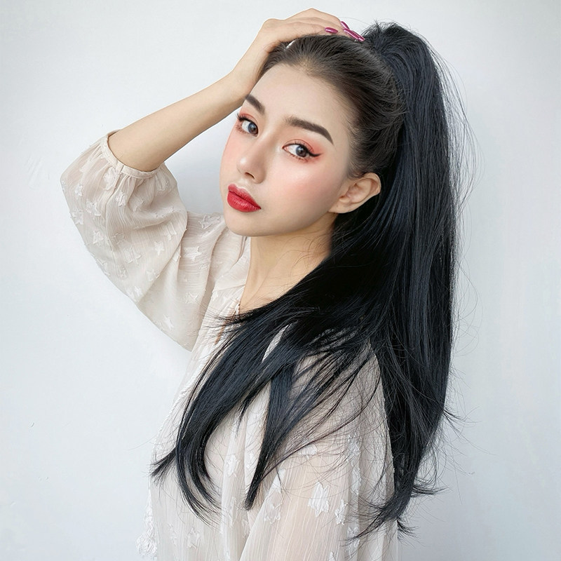 网红黑色高马尾辫子假发女直发 自E然抓夹式超轻 发尾微卷中长发