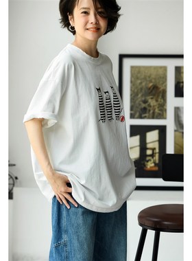 T91983 休l闲文艺百搭宽松卡通猫咪印花白色大版T恤女夏