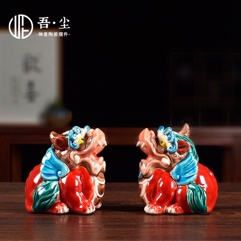 国潮陶瓷招e财天禄貔貅公母客厅摆件交趾陶办公桌店铺开业装饰礼