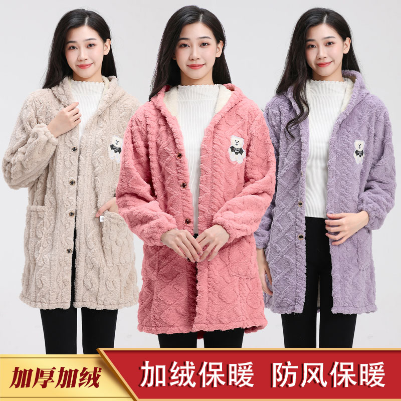 冬季2022新款加绒加厚t保暖罩衣女士大人工作服时尚韩版长袖围裙
