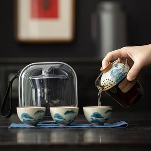 手绘山水快客杯个人专用一壶三杯户外便携式 旅行茶具套装 功夫茶杯