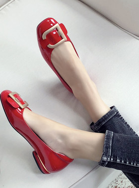 2021新款平底鞋红色小皮鞋女漆皮百搭浅口M方头平跟单鞋豆豆鞋瓢