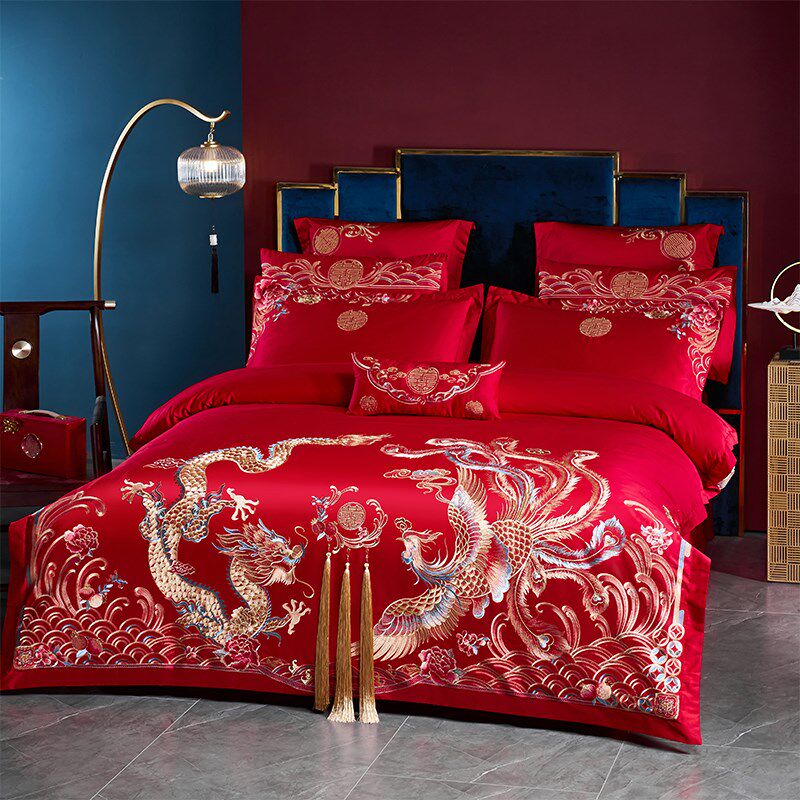 中式100支长绒棉婚庆四件套大红色龙凤O刺绣结婚床上用品4,床上用品,婚庆床品套件,淘宝优惠券,粉丝福利购,淘宝优惠卷