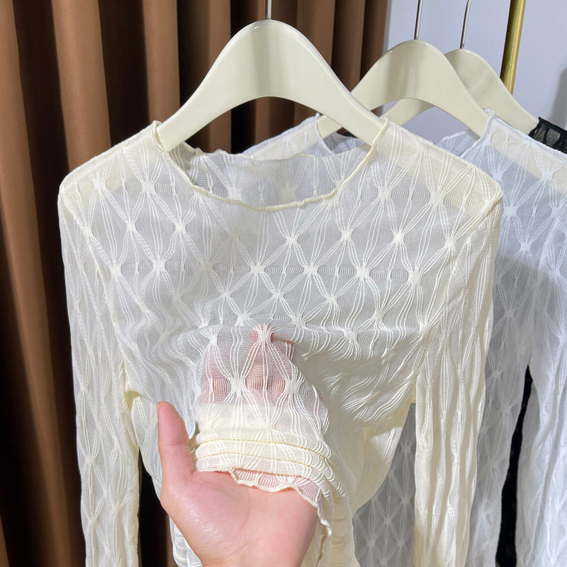 木耳边小圆领蕾丝打底衫女秋冬2024新款毛N衣内搭叠穿薄款长袖纱