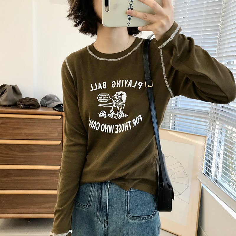 明线字母卡通e弹力长袖T恤女2024新款秋季宽松韩版薄款内搭打底衫