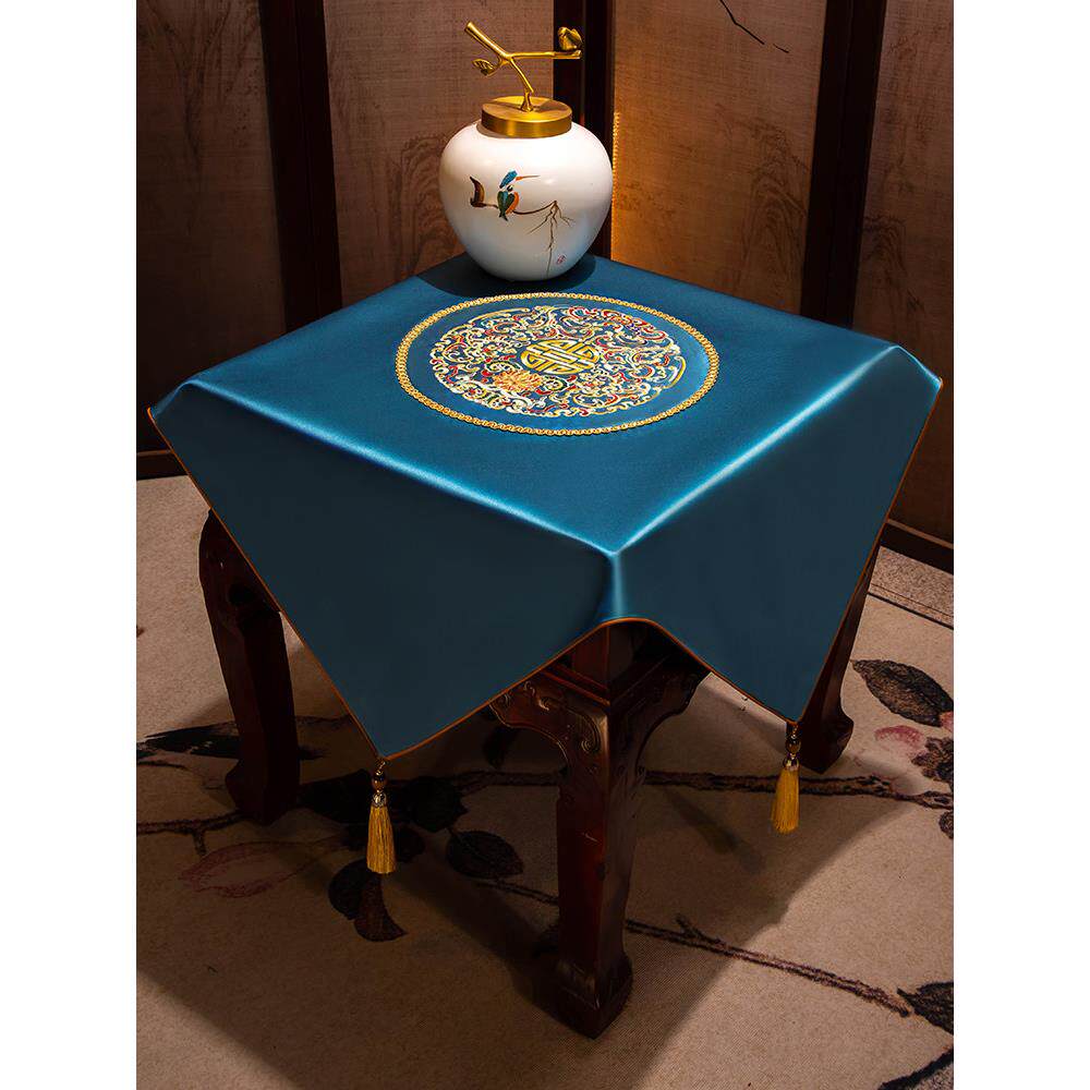 中式床头柜盖布纯色正方形四方桌蓝色桌布简约八仙桌遮灰防尘台布