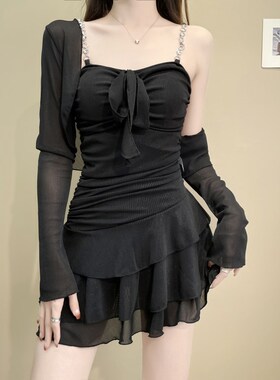 泳衣女2b025新款黑色连体平角裙式长袖罩衫平角保守高级感温泉泳