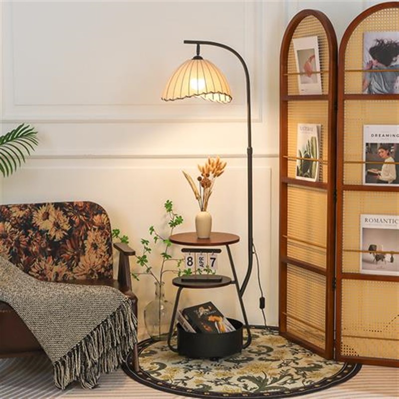 客厅沙发旁边几复古落地灯置物架一体中古卧室床头柜氛围感台灯具