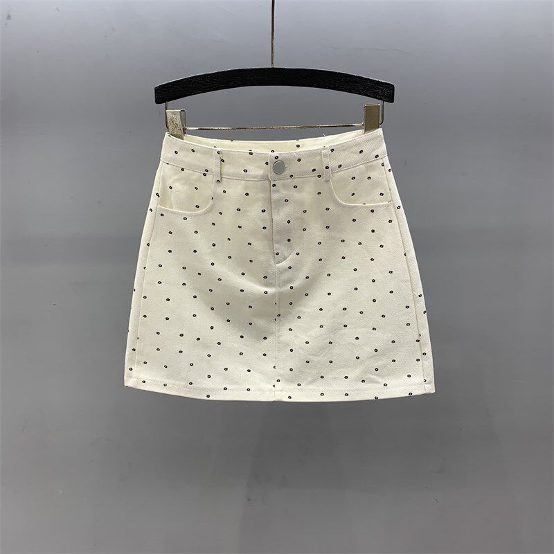白色波点牛仔短裙女2024夏季新款高腰显瘦防走光a字包臀半身裙子