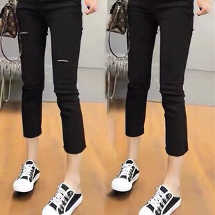 黑色直筒牛仔裤女生春秋夏季小个子显高七八九分裤宽松显瘦法棍裤