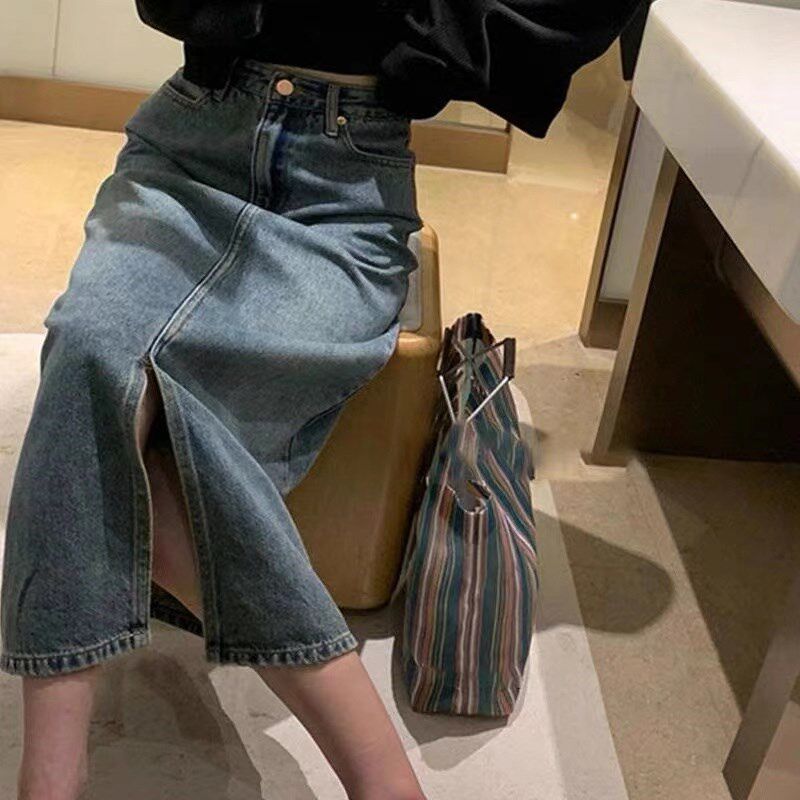 开叉复古中长款辣妹包臀牛仔裙子春夏季百搭大码胖mm高腰半身裙女
