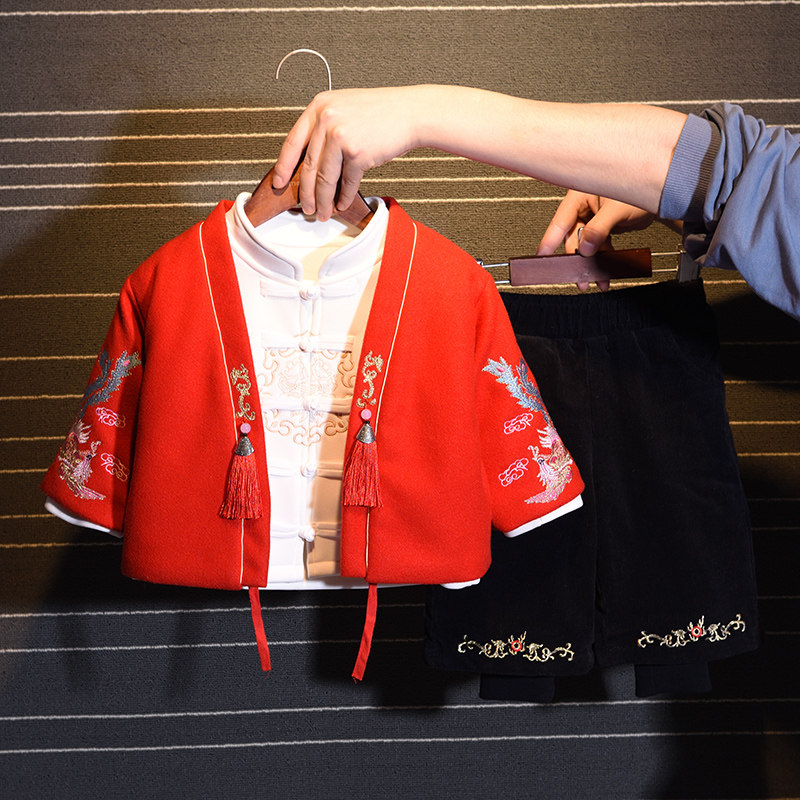 女童汉服套装儿童冬装加厚喜庆拜年服唐装宝宝古装周岁礼服三件套