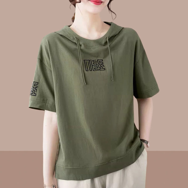 军绿色纯棉连帽短袖t恤女2025夏季新款大码胖MM宽松显瘦半袖上衣