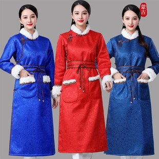新款蒙古服装女士蒙古袍长款改良现代蒙族日常装民族棉服棉袍保暖