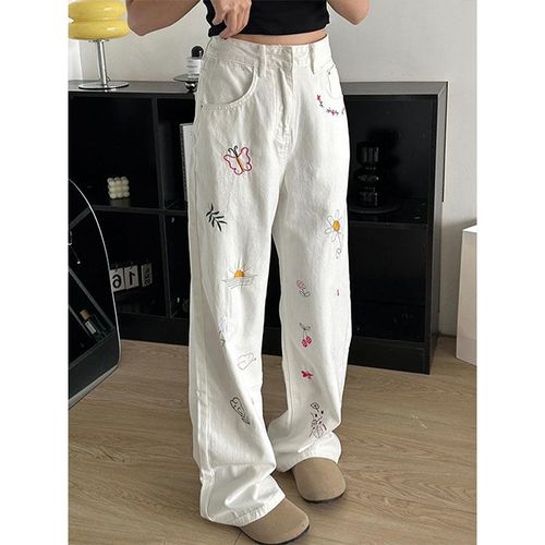 300斤胖mm女装可爱刺绣牛仔裤女夏季白色大码裤子宽松显瘦阔腿裤