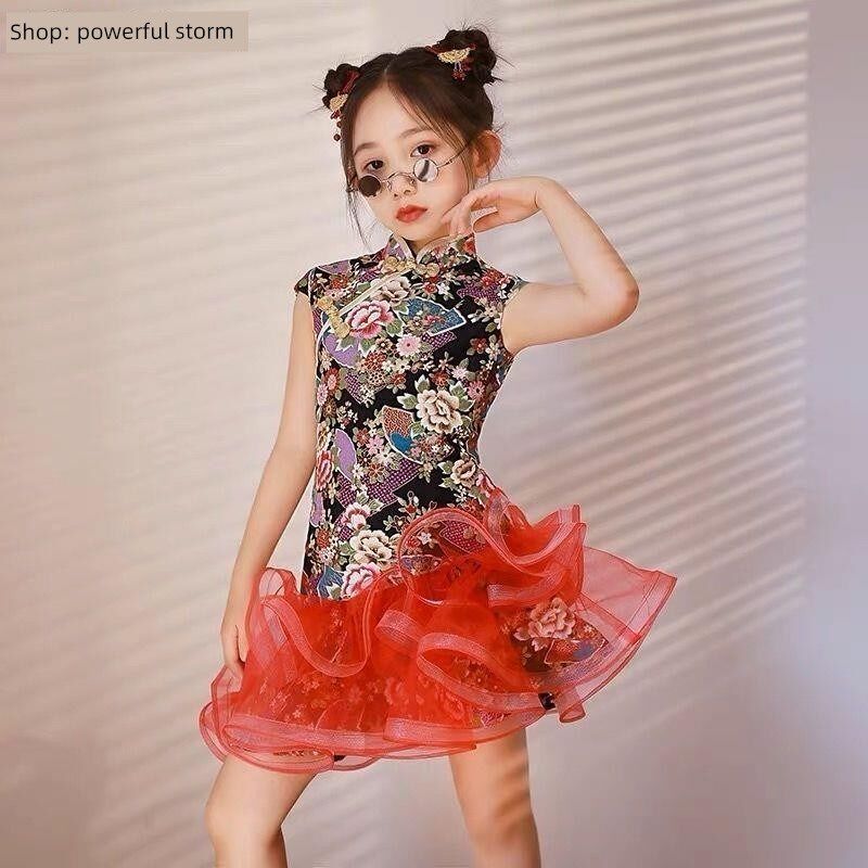 女童旗袍夏季中式童装走秀服装民族潮流服装舞台霸气时尚表演服装