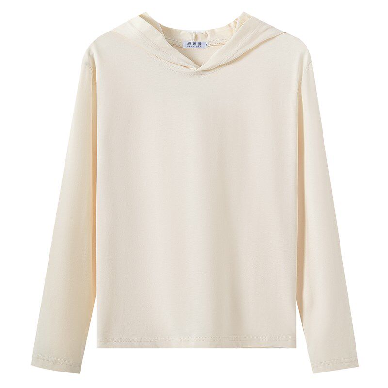 春秋杏色连帽长袖t恤女薄款2025新款宽松大码带帽卫衣夏纯棉帽衫