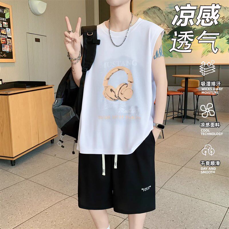 青少年夏季无袖t恤男孩高初中学生冰丝背心短裤大童帅气运动套装