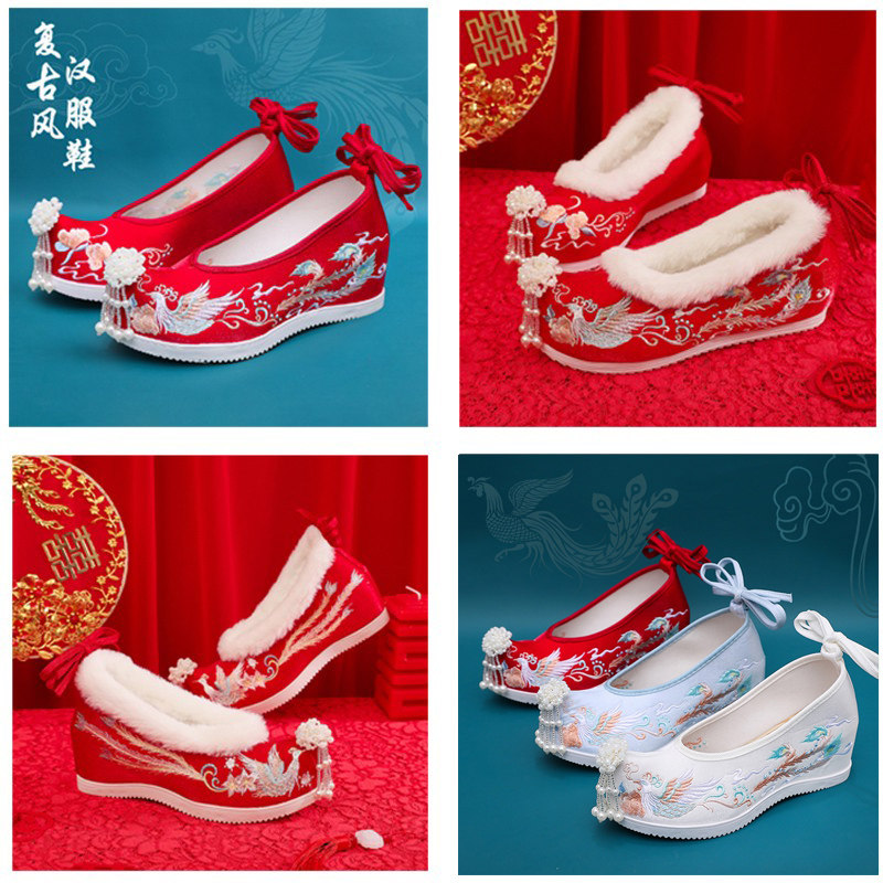 汉服鞋子女内增高配旗袍绣花鞋民族风复古鞋浅口禾婚鞋春秋冬季