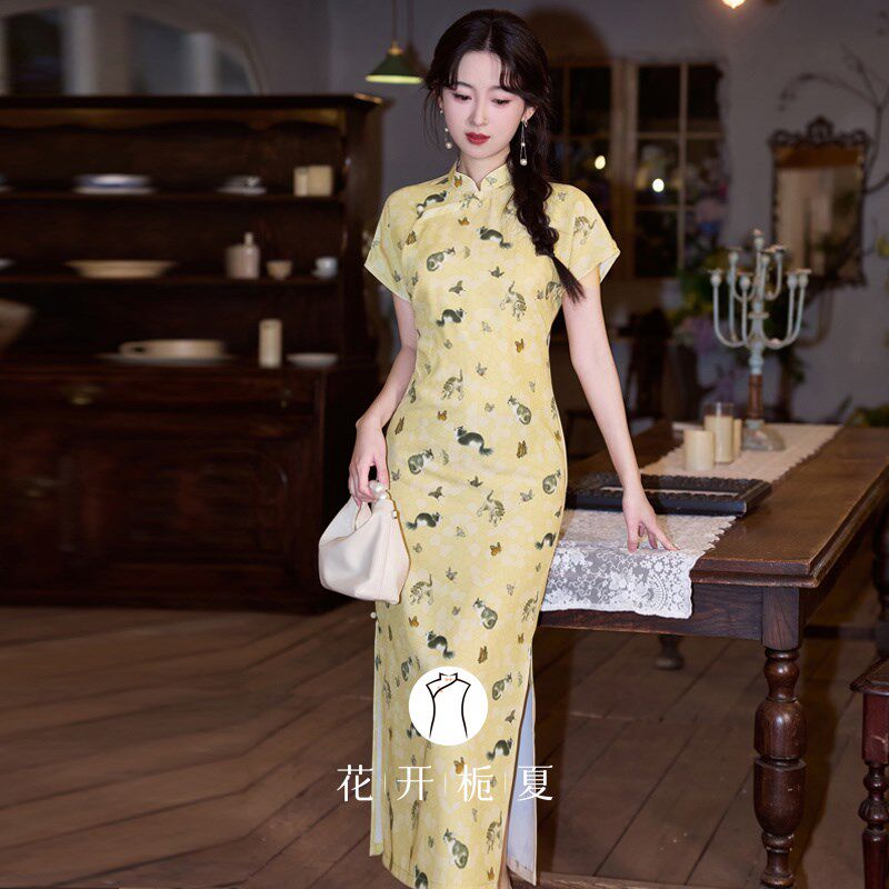 《黄喵》文艺复古民国风黄色旗袍新中式改良年轻款少女连衣裙
