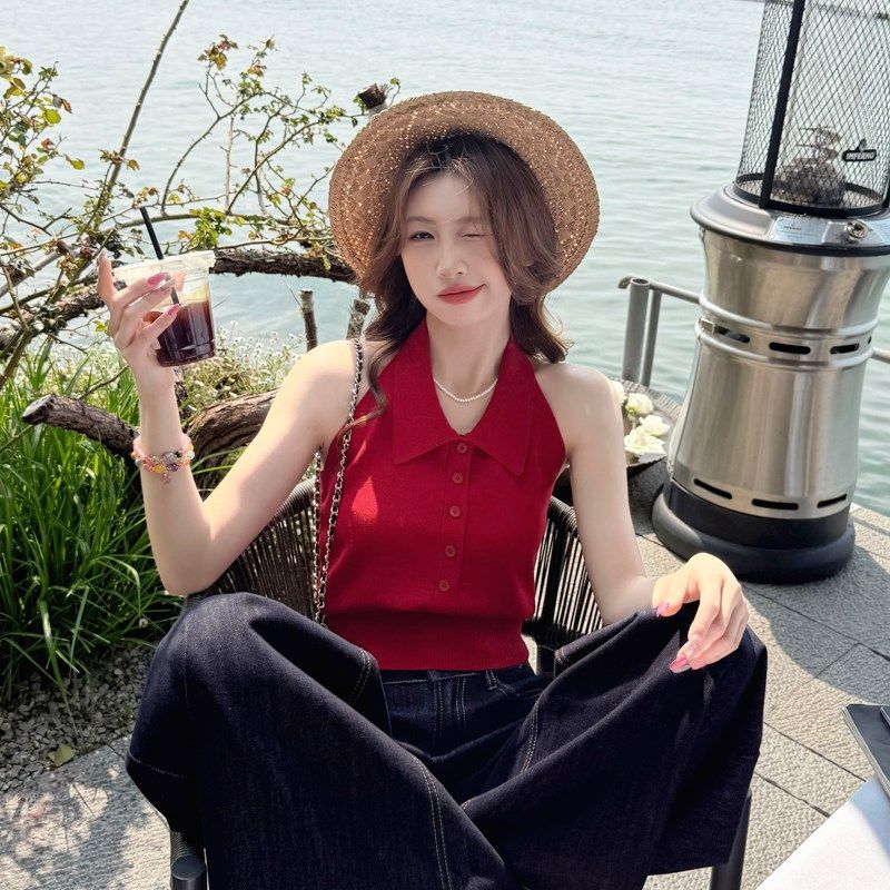 龙妹家复古港风红色吊带背心女外穿2025夏新款内搭针织挂脖小上衣