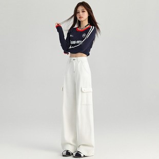 白色牛仔工装裤女春秋季新款高腰宽松酷飒风直筒休闲裤阔腿裤子