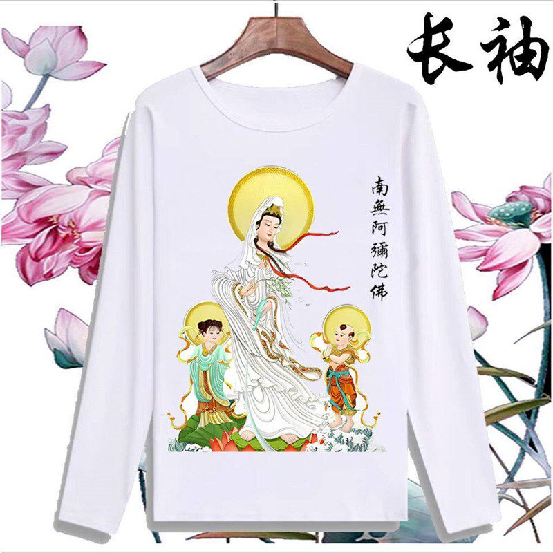 国潮观世音菩萨长袖T恤男女百搭圆领上衣宽松禅意莲花佛家文化衫t