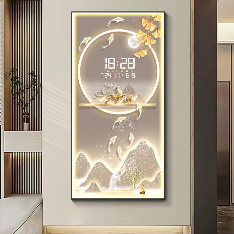 九鱼图玄关装饰画2025新款创意数显时钟客厅过道走廊壁灯画表挂墙