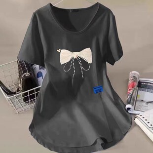 纯棉V领t恤短袖宽松中长款女夏新款U形下摆T开叉遮屁股上衣