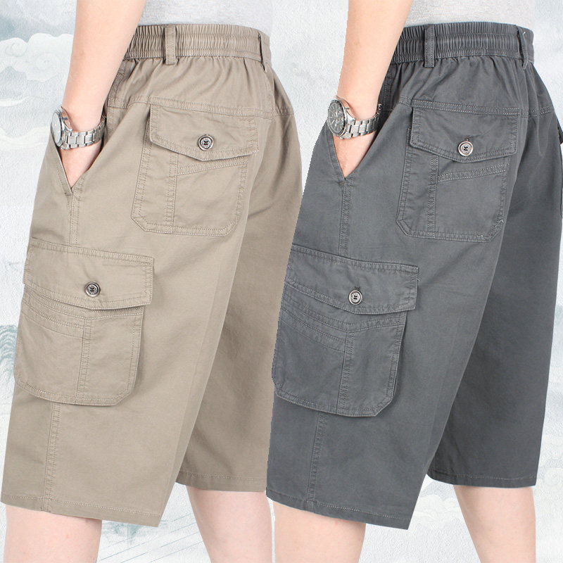 多口袋松紧腰七分裤纯棉宽松大码中裤中老年男士短裤爸爸休闲裤薄