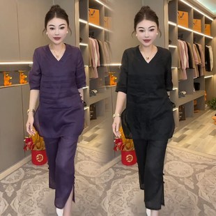 国风禅意V领时尚套装女2024夏季新款冰感麻上衣开叉七分裤两件套