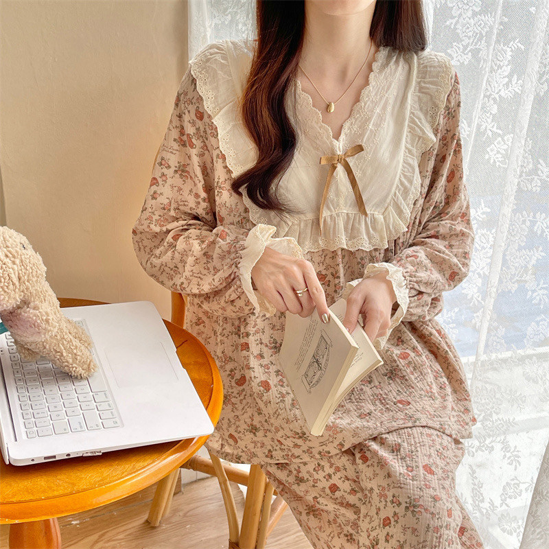 睡衣女春秋季长袖纯棉法式宫廷风甜美碎花可外穿套头家居服套装夏