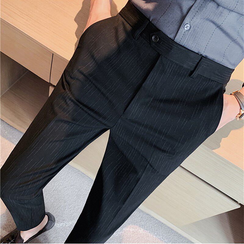 西裤男款加厚秋冬季青年条纹正装休闲长裤小脚直筒修身商务西装裤