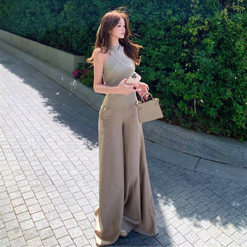 辣妹设计感交叉挂脖无袖外穿针织背心女高腰显瘦垂感阔腿长裤套装