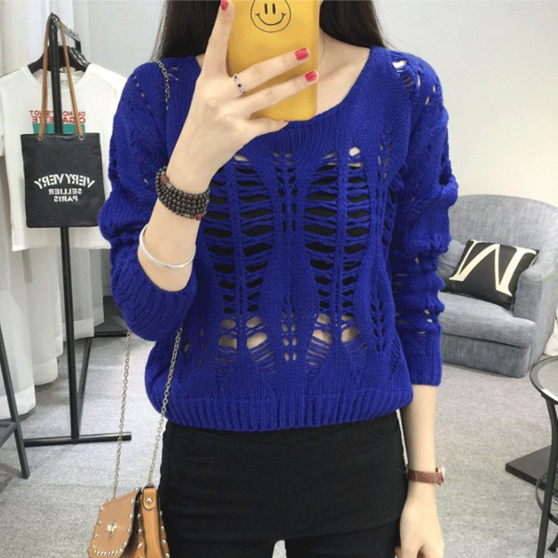 秋季韩版薄款镂空针织衫女套头罩衫短款低圆领宽松长袖空调衫女