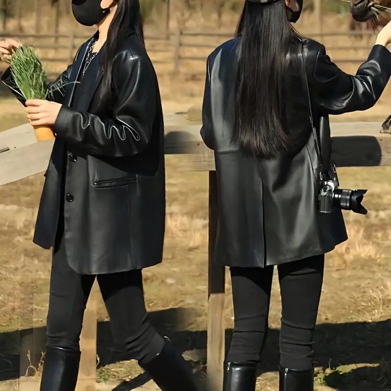 黑色皮衣女外套春秋中长版2023新款爆款高级感风衣显瘦西装皮夹克