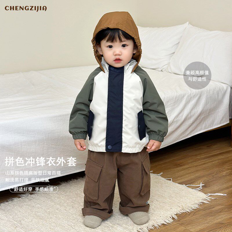 婴儿春秋季新款套装男童拼色外套女宝宝纯色长袖T恤休闲工装裤潮